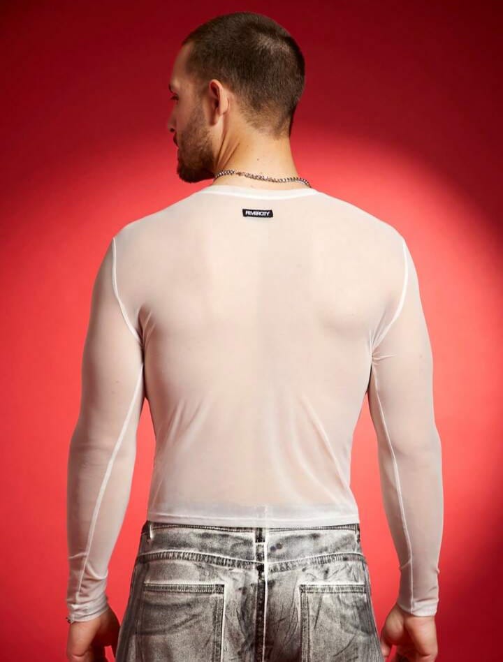 Men's Lace Patchwork Sheer Cut-Short T-Shirt